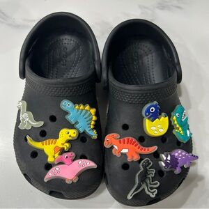 Black Crocs Kids Size 10 with Dinosaur Charms